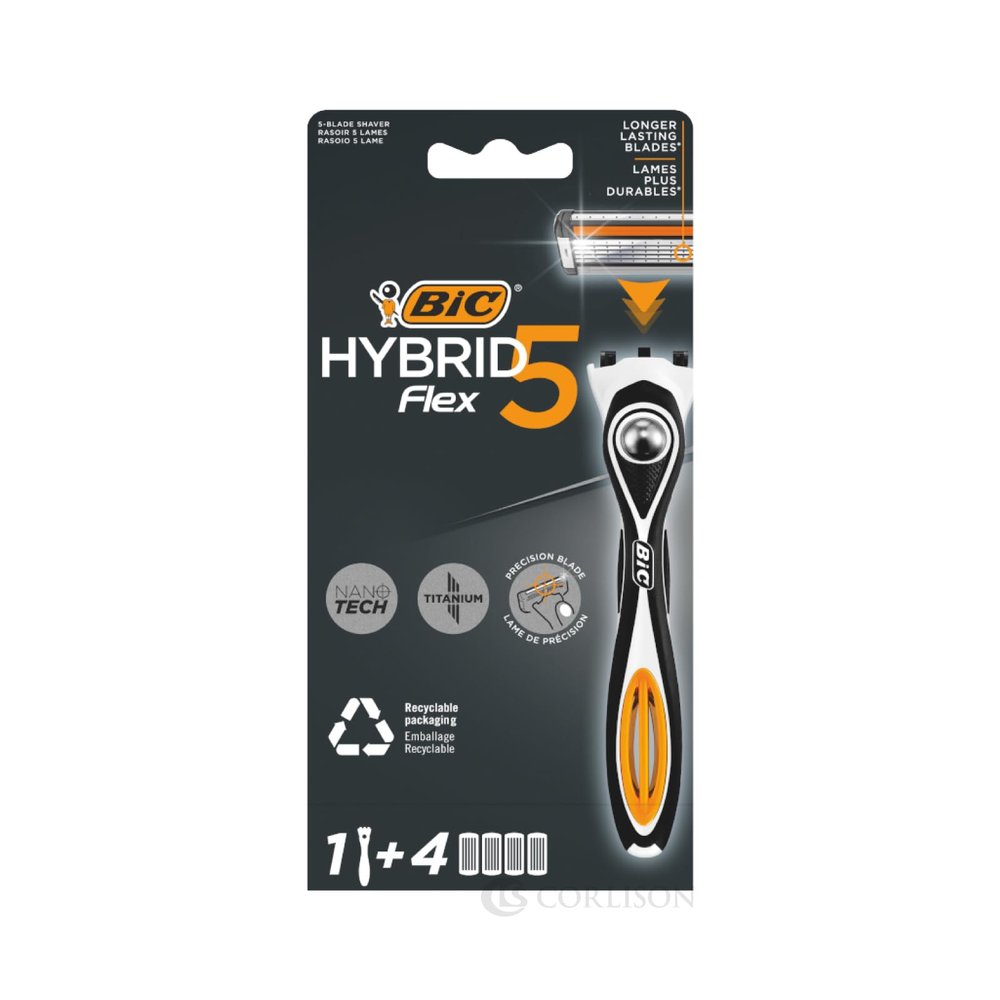 BIC Hybrid 5 Flex, Men's Rechargeable Shaver, Handle and Refills with 5 Nanotech Titanium Coated Blades - Box of 1+4