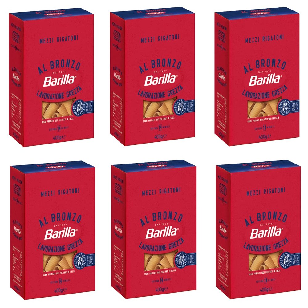 6 x Barilla Mezzi Rigatoni al Bronzo Bronze Drawn Pasta 400 g Raw Processing Method