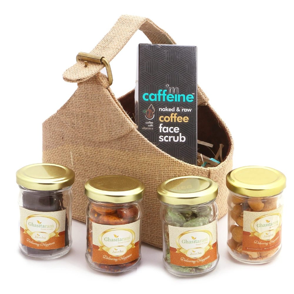 Jaiccha Ghasitaram Rakhi Gifts for Sisters Small Jute Handle Basket with Jars