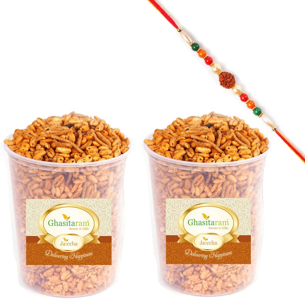 Jaiccha Ghasitaram Rakhi Gifts for Brothers Roasted Oats Chiwda 450 GMS with Rudraksh Rakhi