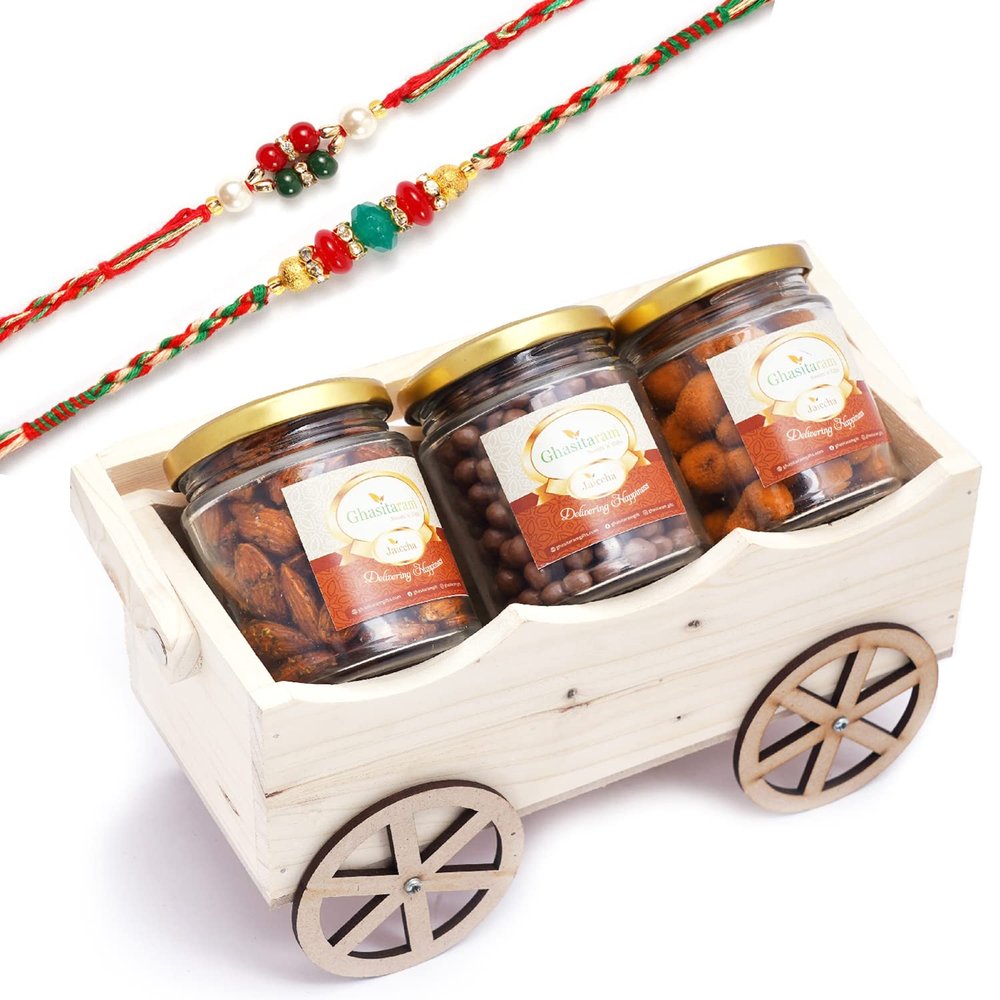 Ghasitaram Gifts Rakhi Gifts for Brothers Natural Wooden Cart with Chocolate Coated Butterscotch, Crunchy Coated Cashews and Peri Peri Almonds Jars with 2 Rakhis