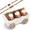 Ghasitaram Gifts Rakhi Gifts for Brothers Natural Wooden Cart with Chocolate Coated Butterscotch, Crunchy Coated Cashews and Peri Peri Almonds Jars with 2 Rakhis view 1