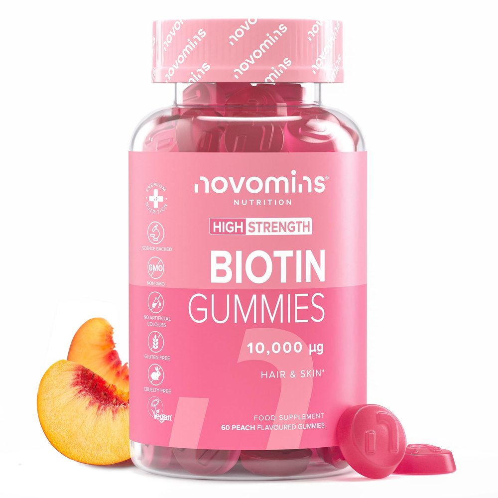 Biotin Gummies - 10,000 mcg Biotin Hair Growth - 60-Day Supply - Hair Growth Vitamins - Vegan & Gluten-Free Alternative to Tablets - Anti Hair Loss Gummies - 60 Gummies - Novomins