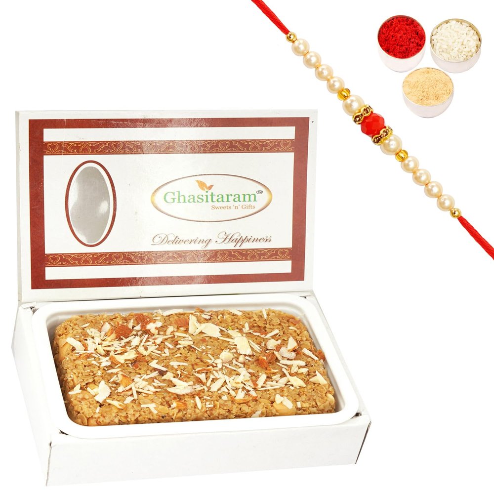 Ghasitaram Gifts Rakhi Gifts for Brothers Granola Mithai Cake with Pearl Beads Rakhi