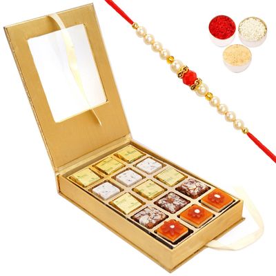 Ghasitaram Gifts Rakhi Gifts for Brothers Leather Box Assorted Choco Bites with Pearl Beads Rakhi
