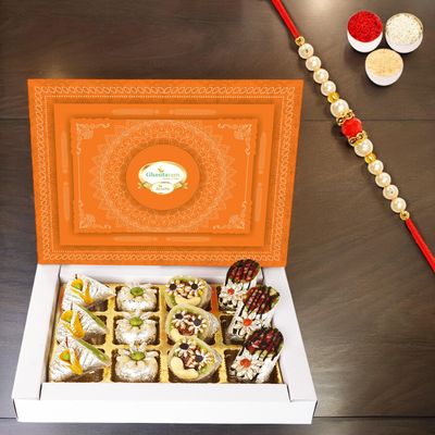 Ghasitaram Gifts Rakhi Gifts for Brothers Exotic Dryfruit Sweets 12 pcs with Pearl Beads Rakhi