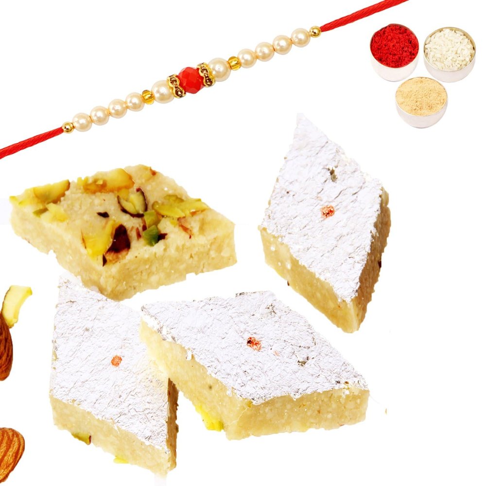 Ghasitaram Gifts Rakhi Gifts for Brothers Sugar Free Badam Katli 800 GMS with Pearl Beads Rakhi