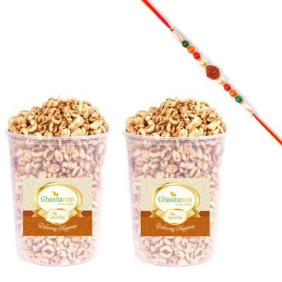 Jaiccha Ghasitaram Rakhi Gifts for Brothers Salted Wheat Puffs 200 GMS with Rudraksh Rakhi