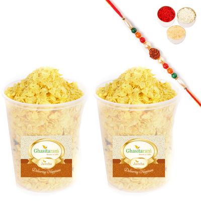 Jaiccha Ghasitaram Rakhi Gifts for Brothers Roasted Basmati Chiwda 300 GMS with Rudraksh Rakhi
