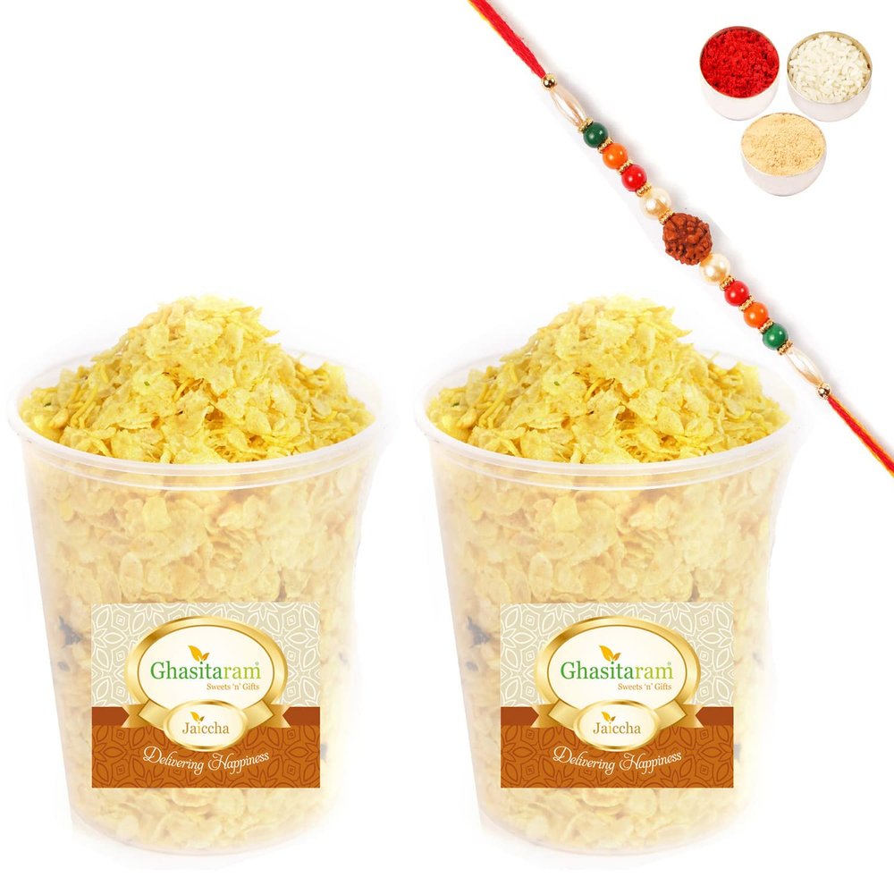 Jaiccha Ghasitaram Rakhi Gifts for Brothers Roasted Basmati Chiwda 300 GMS with Rudraksh Rakhi