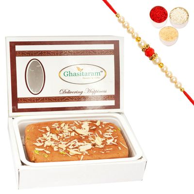 Ghasitaram Gifts Rakhi Gifts for Brothers Jaggery (Gud) Cashew Mithai Cake with Pearl Beads Rakhis