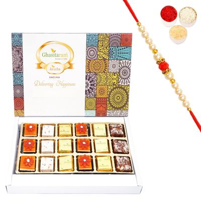 Ghasitaram Gifts Rakhi Gifts for Brothers Box of Assorted Bites 18 pcs with Pearl Beads Rakhi