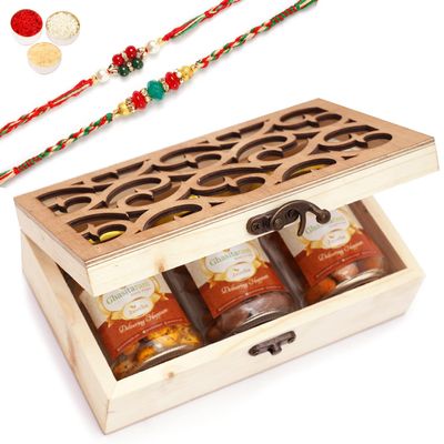 Ghasitaram Gifts Rakhi Gifts for Brothers Natural Wood Carving Box with Chocolate Coated Cashews, Crunchy Cashews and Garlic Cashews with 2 Rakhis