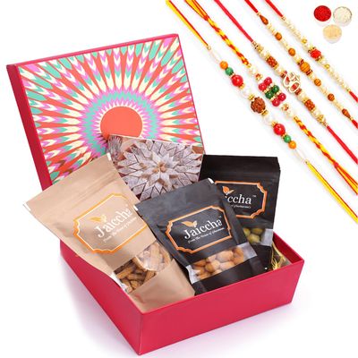 Jaiccha Ghasitaram Rakhi Gifts for Brothers Red Hamper Box of Kaju Katlis, Crunchy Coated Cashews, Crunchy Coated Peanuts, Butter Chakli Sticks with 5 Rakhis