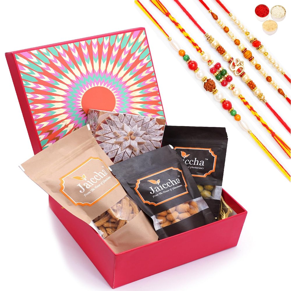 Jaiccha Ghasitaram Rakhi Gifts for Brothers Red Hamper Box of Kaju Katlis, Crunchy Coated Cashews, Crunchy Coated Peanuts, Butter Chakli Sticks with 5 Rakhis