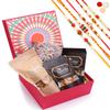 Jaiccha Ghasitaram Rakhi Gifts for Brothers Red Hamper Box of Kaju Katlis, Crunchy Coated Cashews, Crunchy Coated Peanuts, Butter Chakli Sticks with 5 Rakhis view 1