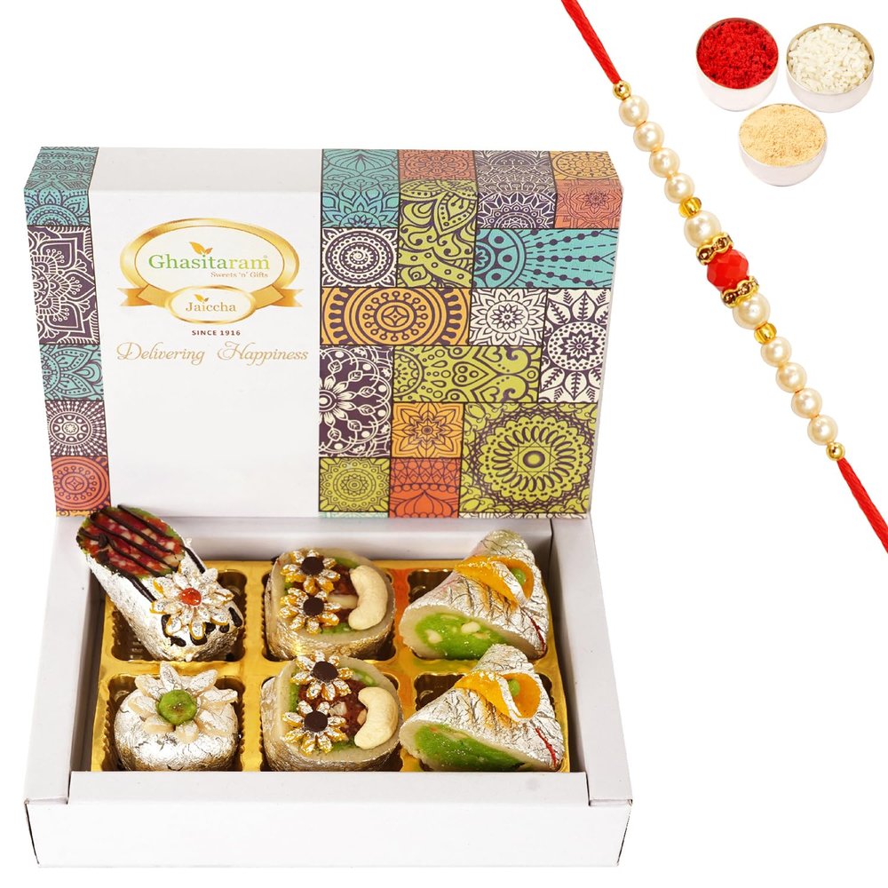 Ghasitaram Gifts Rakhi Gifts for Brothers Exotic Dryfruit Sweets 6 pcs with Pearl Beads Rakhi