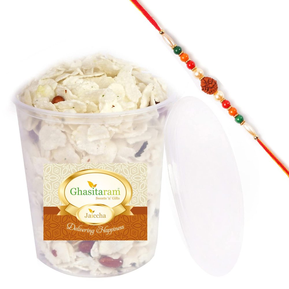Jaiccha Ghasitaram Rakhi Gifts for Brothers Roasted Sabudana Chiwda 200 GMS with Rudraksh Rakhi