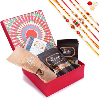 Jaiccha Ghasitaram Rakhi Gifts for Brothers Red Hamper Box of Assorted Bites, Crunchy Coated Cashews, Crunchy Coated Peanuts, Butter Chakli Sticks with 5 Rakhis