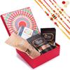 Jaiccha Ghasitaram Rakhi Gifts for Brothers Red Hamper Box of Assorted Bites, Crunchy Coated Cashews, Crunchy Coated Peanuts, Butter Chakli Sticks with 5 Rakhis view 1