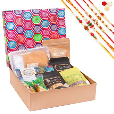 Jaiccha Ghasitaram Rakhi Gifts for Brothers Gourmet Medium Hamper Box of 7 Assortments with 5 Rakhis