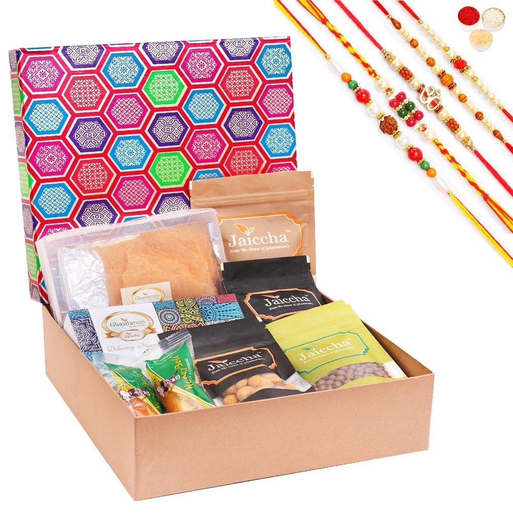 Jaiccha Ghasitaram Rakhi Gifts for Brothers Gourmet Medium Hamper Box of 7 Assortments with 5 Rakhis