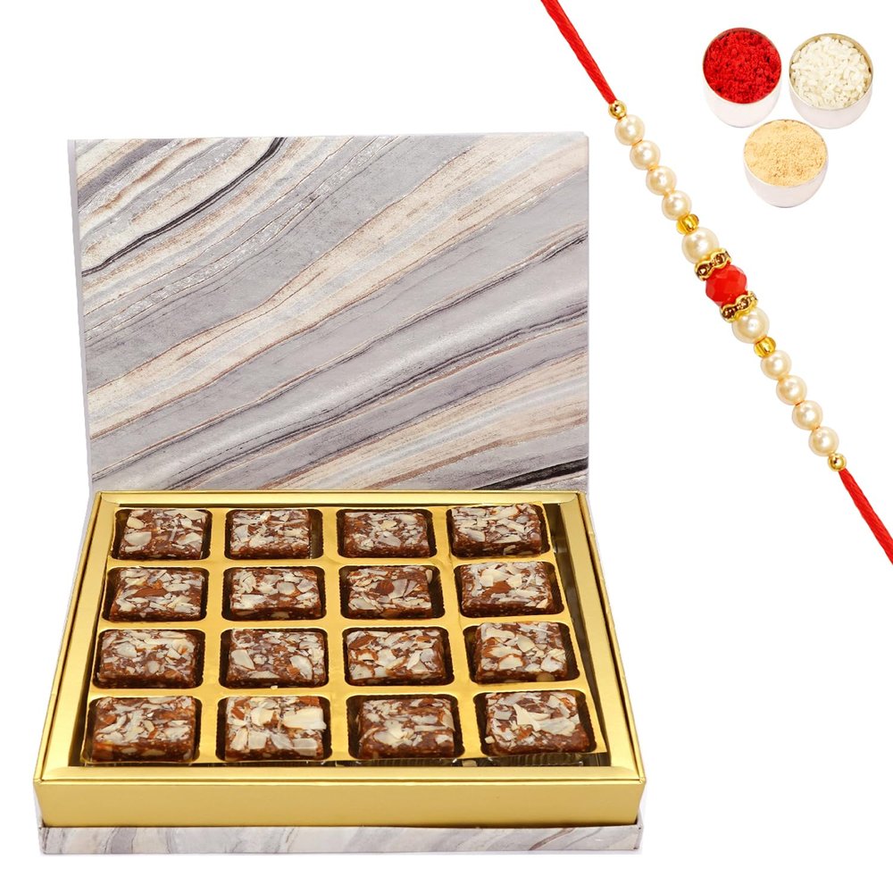 Ghasitaram Gifts Rakhi Gifts for Brothers Marble Box Sugarfree Bites with Pearl Beads Rakhi