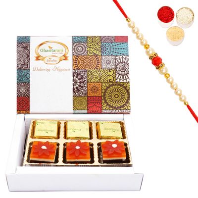 Ghasitaram Gifts Rakhi Gifts for Brothers Box of Assorted Bites 6 pcs with Pearl Beads Rakhi