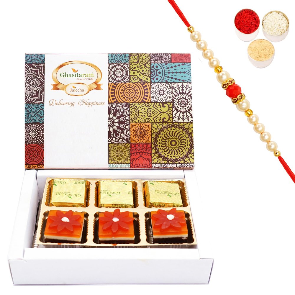 Ghasitaram Gifts Rakhi Gifts for Brothers Box of Assorted Bites 6 pcs with Pearl Beads Rakhi
