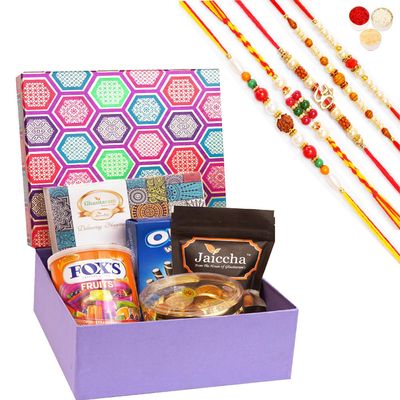 Jaiccha Ghasitaram Rakhi Gifts for Brothers Gourmet Hamper Box of 5 Goodies with Assorted Bites Box with 5 Rakhis