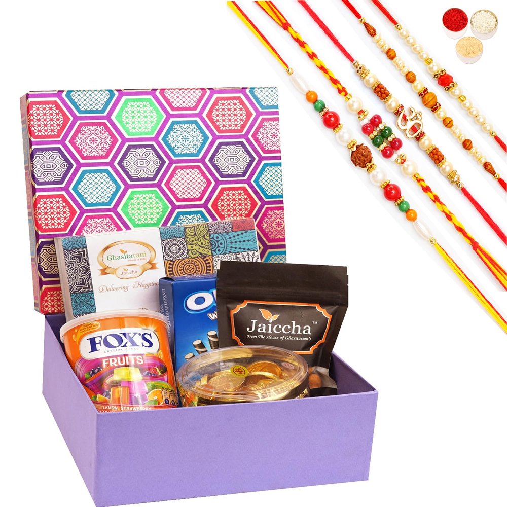 Jaiccha Ghasitaram Rakhi Gifts for Brothers Gourmet Hamper Box of 5 Goodies with Assorted Bites Box with 5 Rakhis