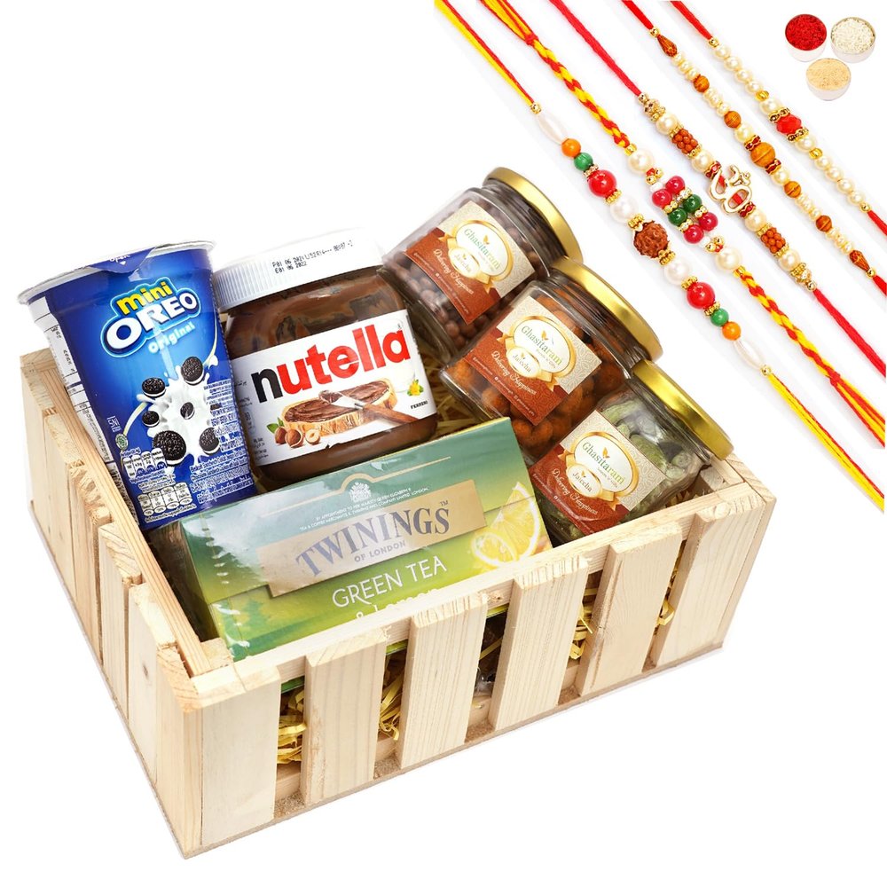 Jaiccha Ghasitaram Rakhi Gifts for Brothers Natural Wood Striped Basket of 6 Goodies with 5 Rakhis