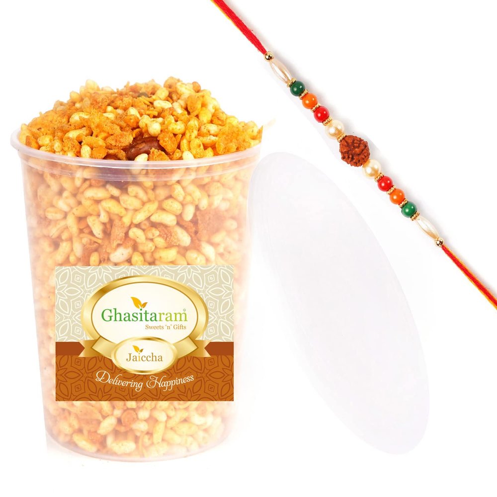 Jaiccha Ghasitaram Rakhi Gifts for Brothers Bhadang Bhel 400 GMS with Rudraksh Rakhi