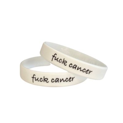 (2 PACK) Fuck Cancer Wristband For Breast Testicular Prostate Ovarian Lung Skin Awareness Support Silicone Bracelet Men's Women's Adult Gift (Medium 18cm, 2 Pack WHITE)