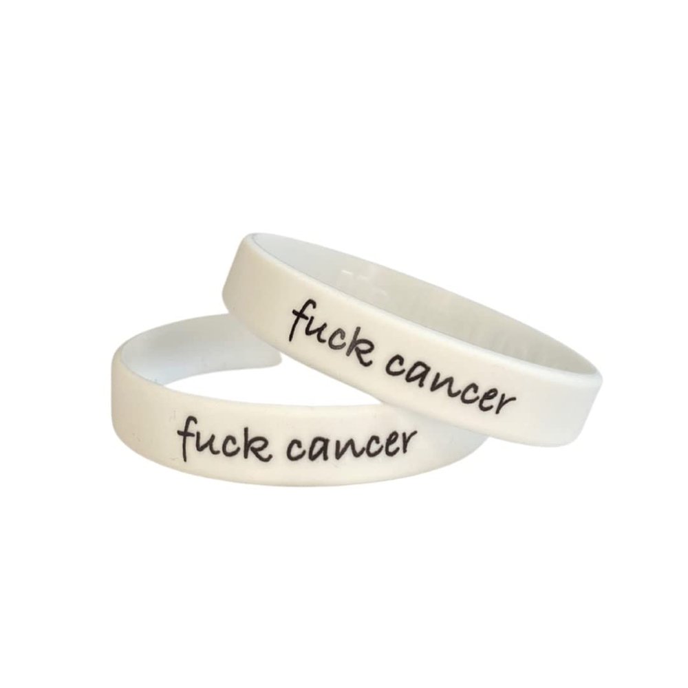(2 PACK) Fuck Cancer Wristband For Breast Testicular Prostate Ovarian Lung Skin Awareness Support Silicone Bracelet Men's Women's Adult Gift (Medium 18cm, 2 Pack WHITE)