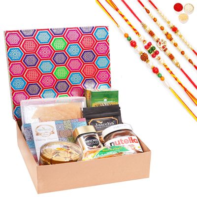 Jaiccha Ghasitaram Rakhi Gifts for Brothers Gourmet Medium Hamper Box of 9 Goodies with 5 Rakhis