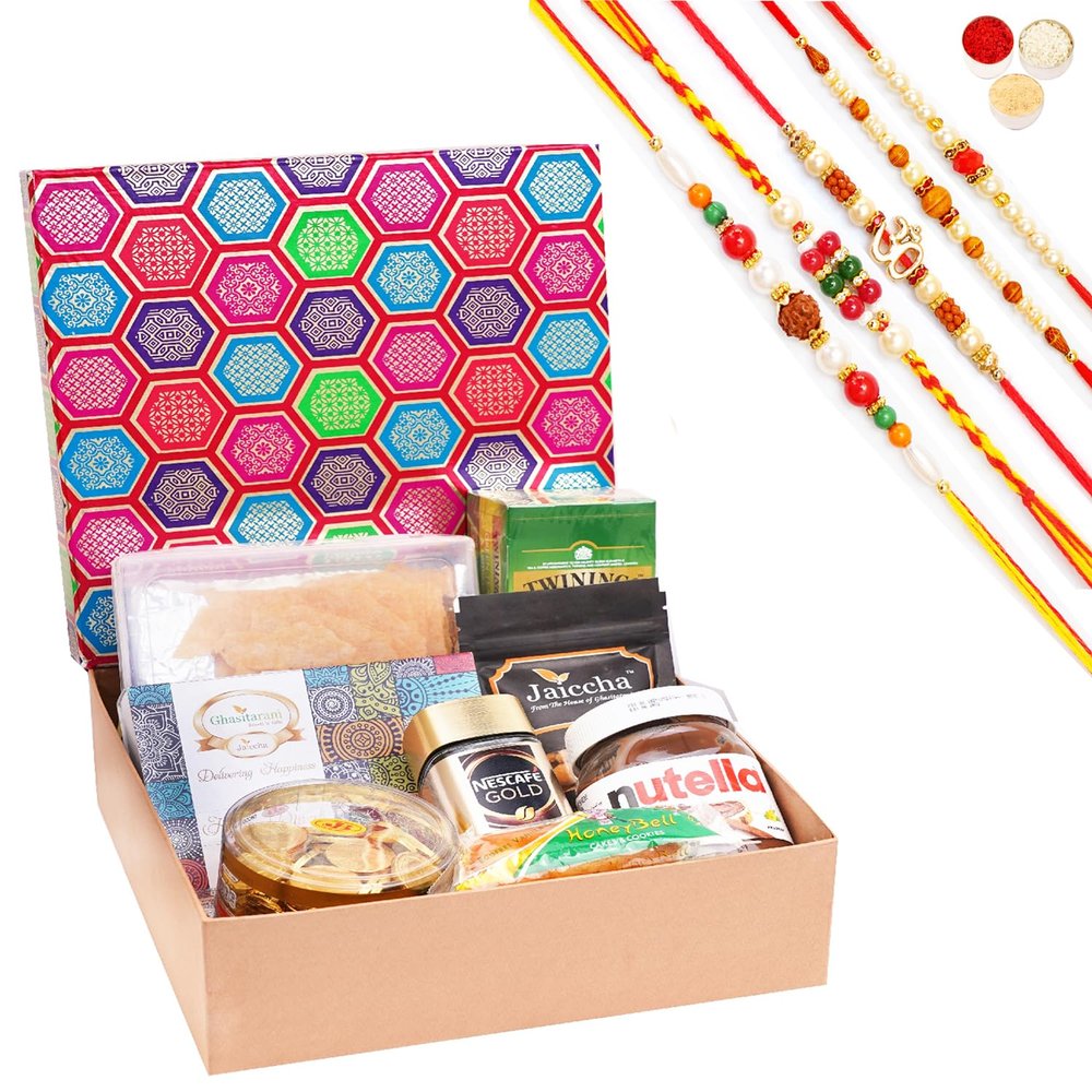 Jaiccha Ghasitaram Rakhi Gifts for Brothers Gourmet Medium Hamper Box of 9 Goodies with 5 Rakhis