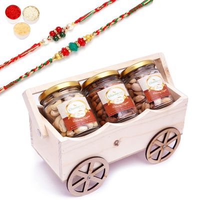 Ghasitaram Gifts Rakhi Gifts for Brothers Natural Wooden Cart with Almonds, Cashews and Pistachios Jars with 2 Rakhis