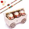 Ghasitaram Gifts Rakhi Gifts for Brothers Natural Wooden Cart with Almonds, Cashews and Pistachios Jars with 2 Rakhis view 1