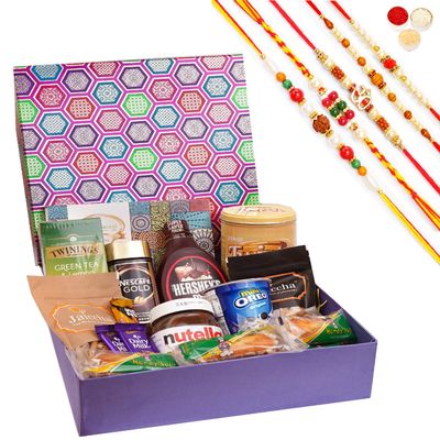 Jaiccha Ghasitaram Rakhi Gifts for Brothers Gourmet Big Hamper Box of 18 Goodies with Assorted Bites with 5 Rakhis