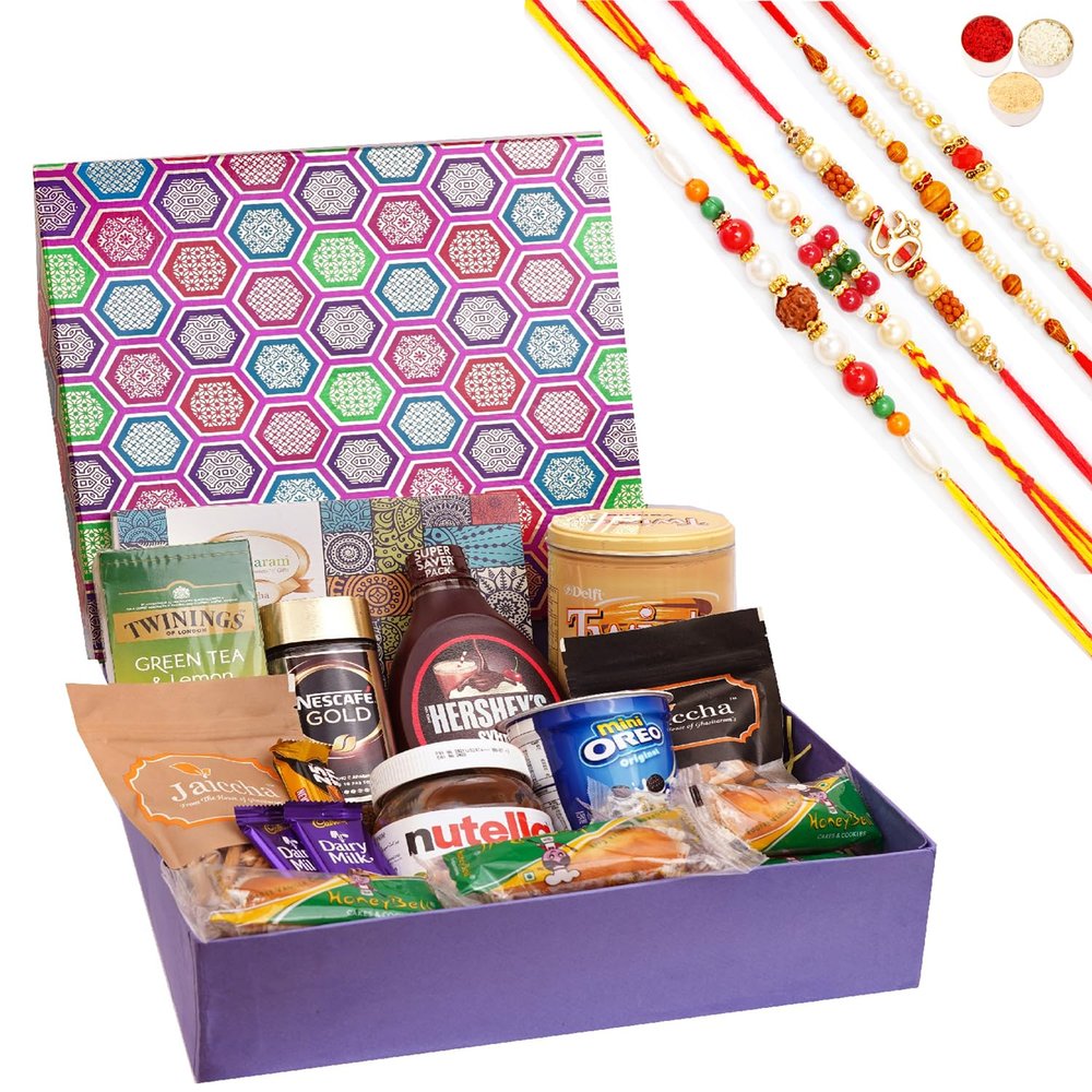 Jaiccha Ghasitaram Rakhi Gifts for Brothers Gourmet Big Hamper Box of 18 Goodies with Assorted Bites with 5 Rakhis
