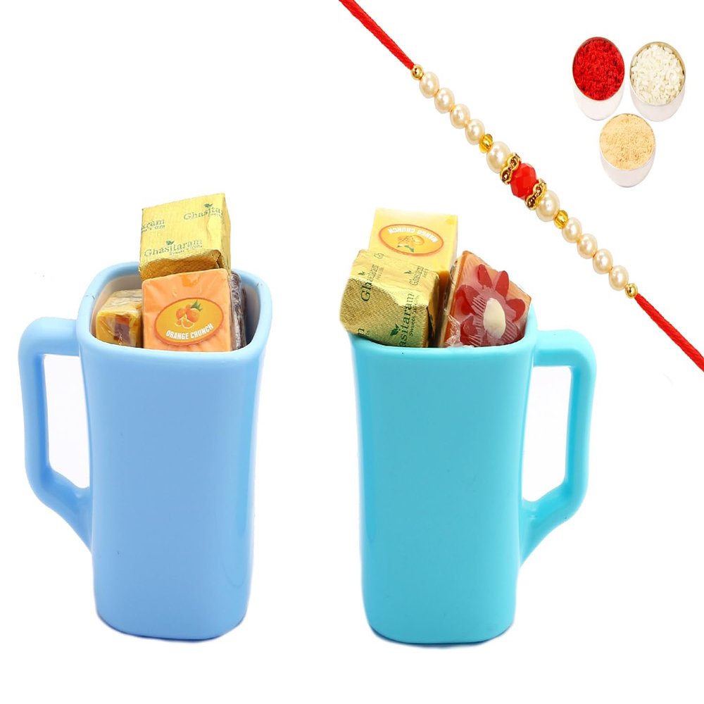 Ghasitaram Gifts Rakhi Gifts for Brothers Mugs with Assorted All Bites with Pearl Beads Rakhi