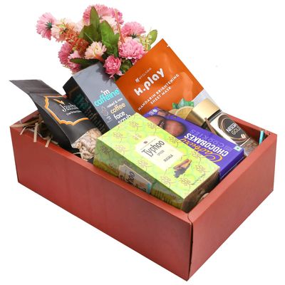 Jaiccha Ghasitaram Rakhi Gifts for Sisters Rust Hamper Box with Flowers