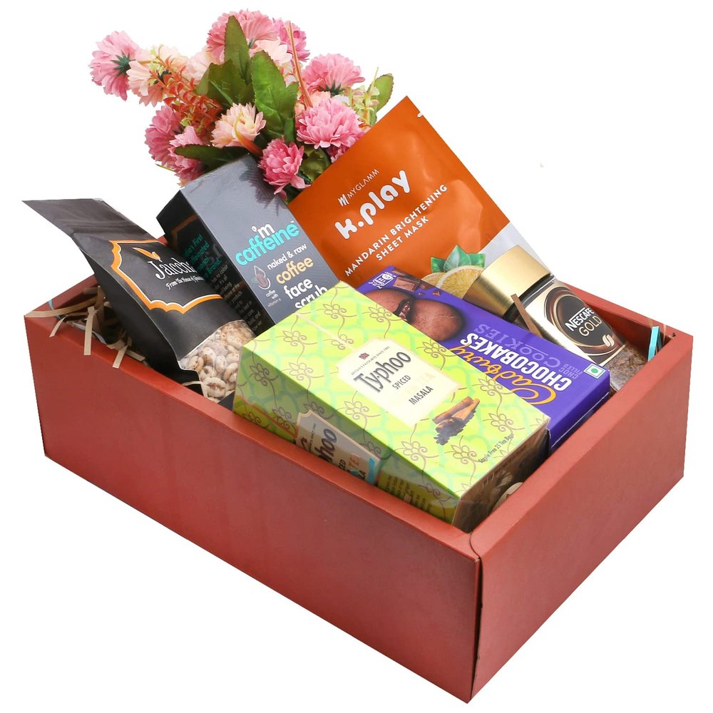 Jaiccha Ghasitaram Rakhi Gifts for Sisters Rust Hamper Box with Flowers