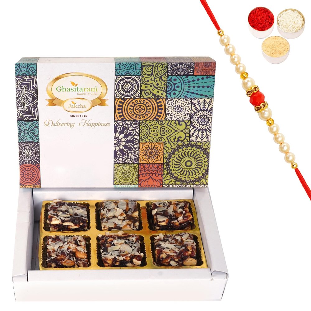Ghasitaram Gifts Rakhi Gifts for Brothers Sugarfree Khajoor Bites 6 pcs with Pearl Beads Rakhi
