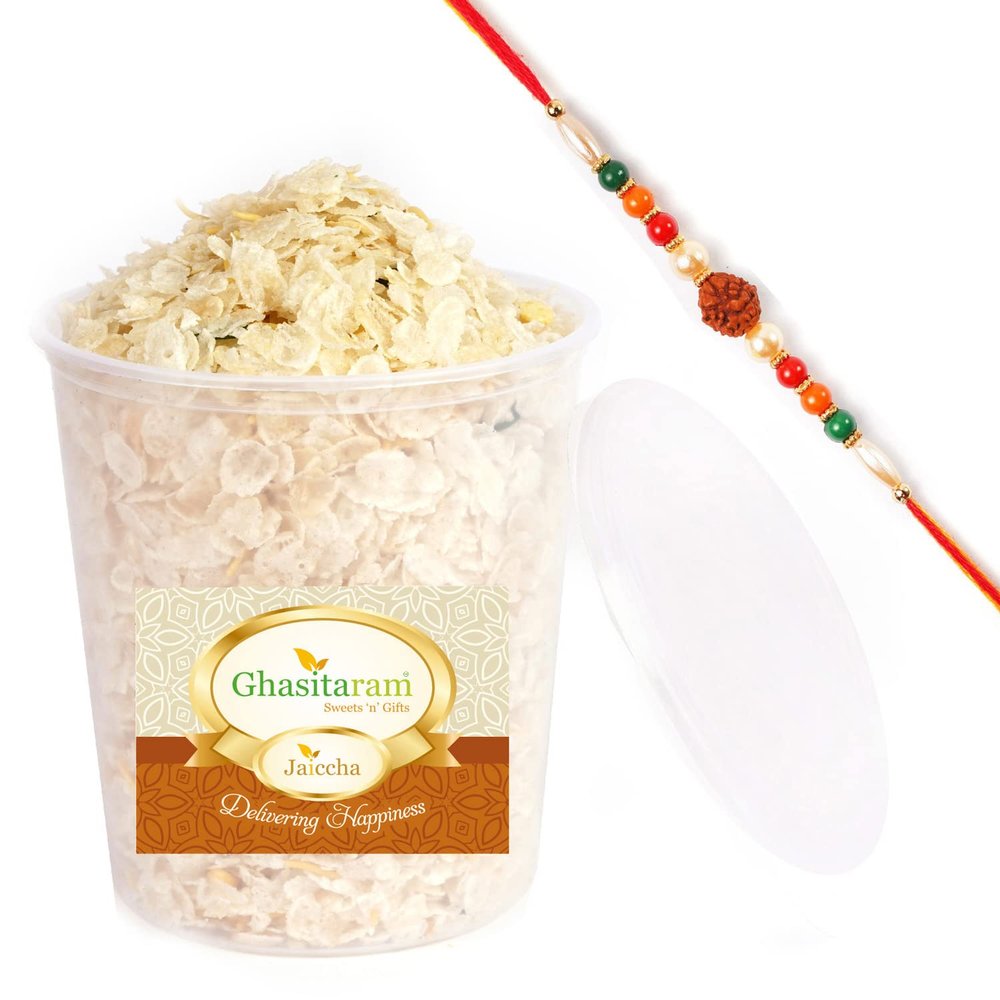 Jaiccha Ghasitaram Rakhi Gifts for Brothers Sugarfree Basmati Chiwda 150 GMS with Rudraksh Rakhi
