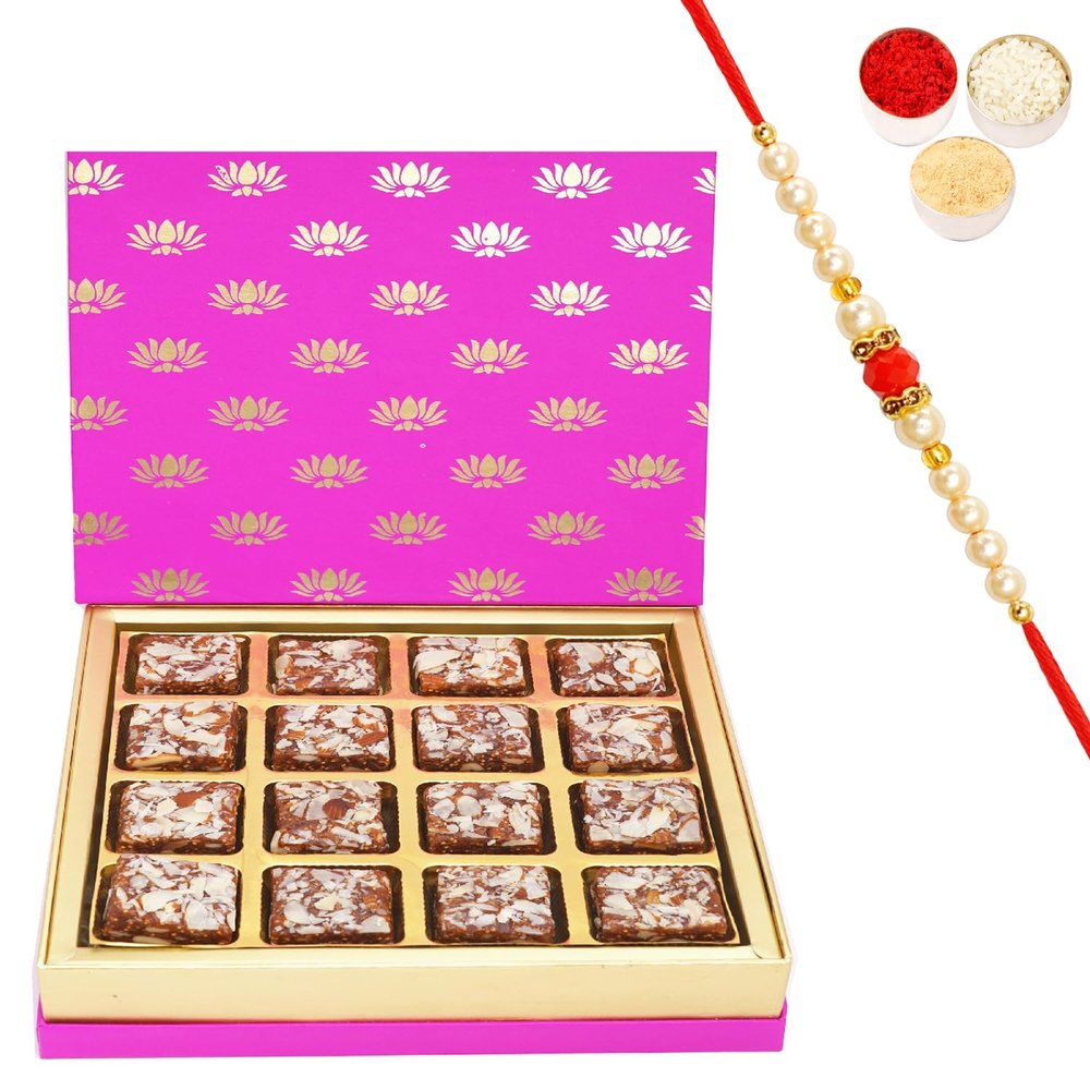 Ghasitaram Gifts Rakhi Gifts for Brothers Festive Pink Box of Sugarfree Bites with Pearl Beads Rakhi