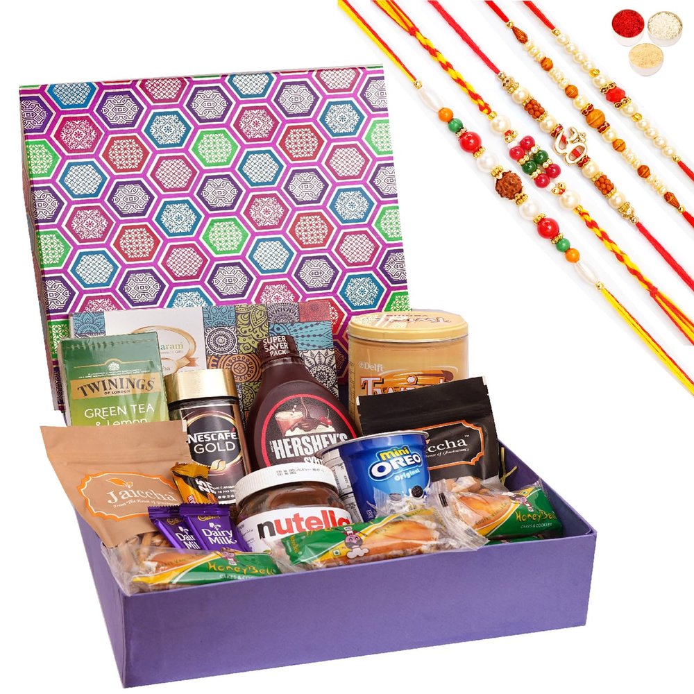 Jaiccha Ghasitaram Rakhi Gifts for Brothers Gourmet Big Hamper Box of 18 Goodies with Kaju Katlis with 5 Rakhis