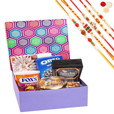 Jaiccha Ghasitaram Rakhi Gifts for Brothers Gourmet Hamper Box of 5 Goodies with Kaju Katlis with 5 Rakhis