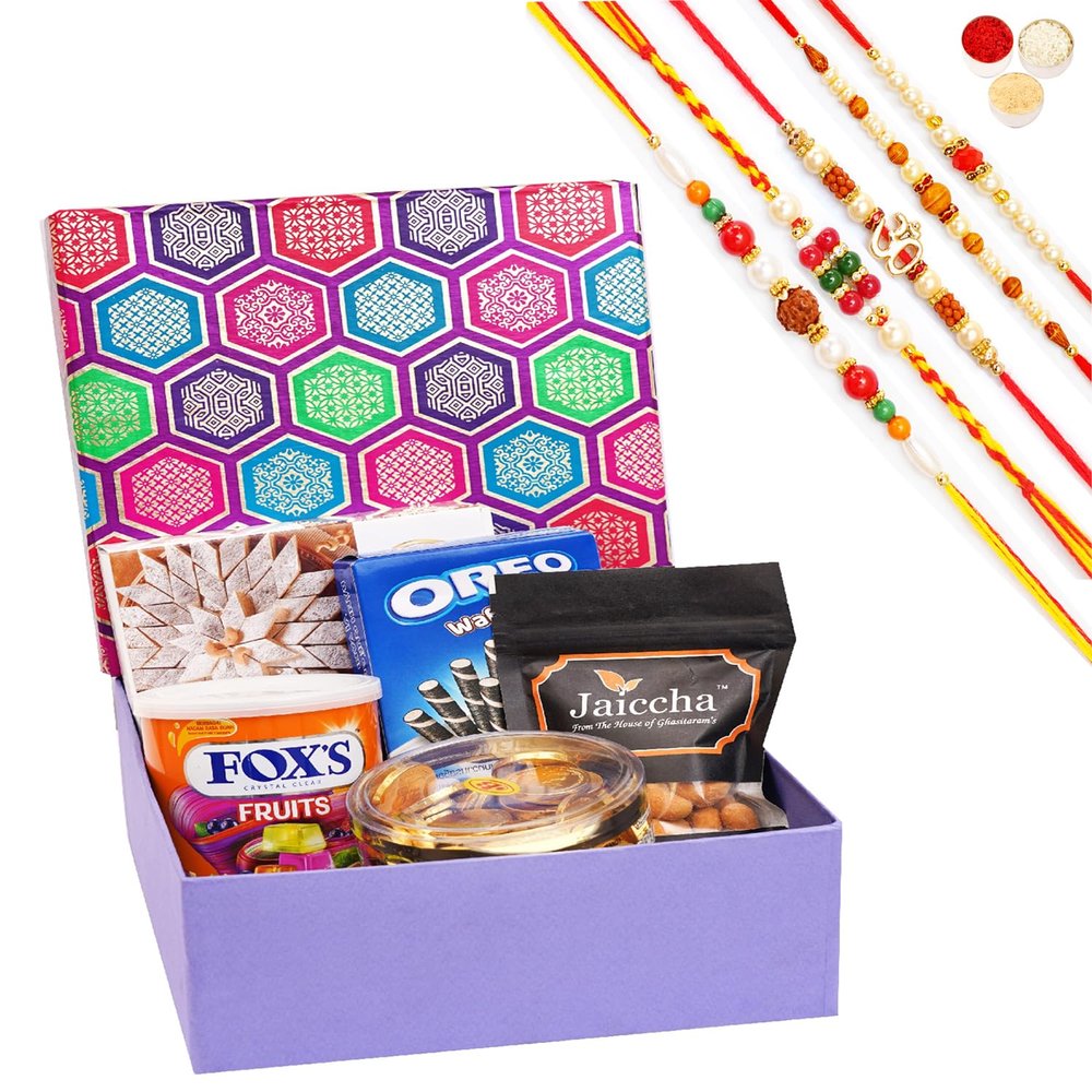 Jaiccha Ghasitaram Rakhi Gifts for Brothers Gourmet Hamper Box of 5 Goodies with Kaju Katlis with 5 Rakhis